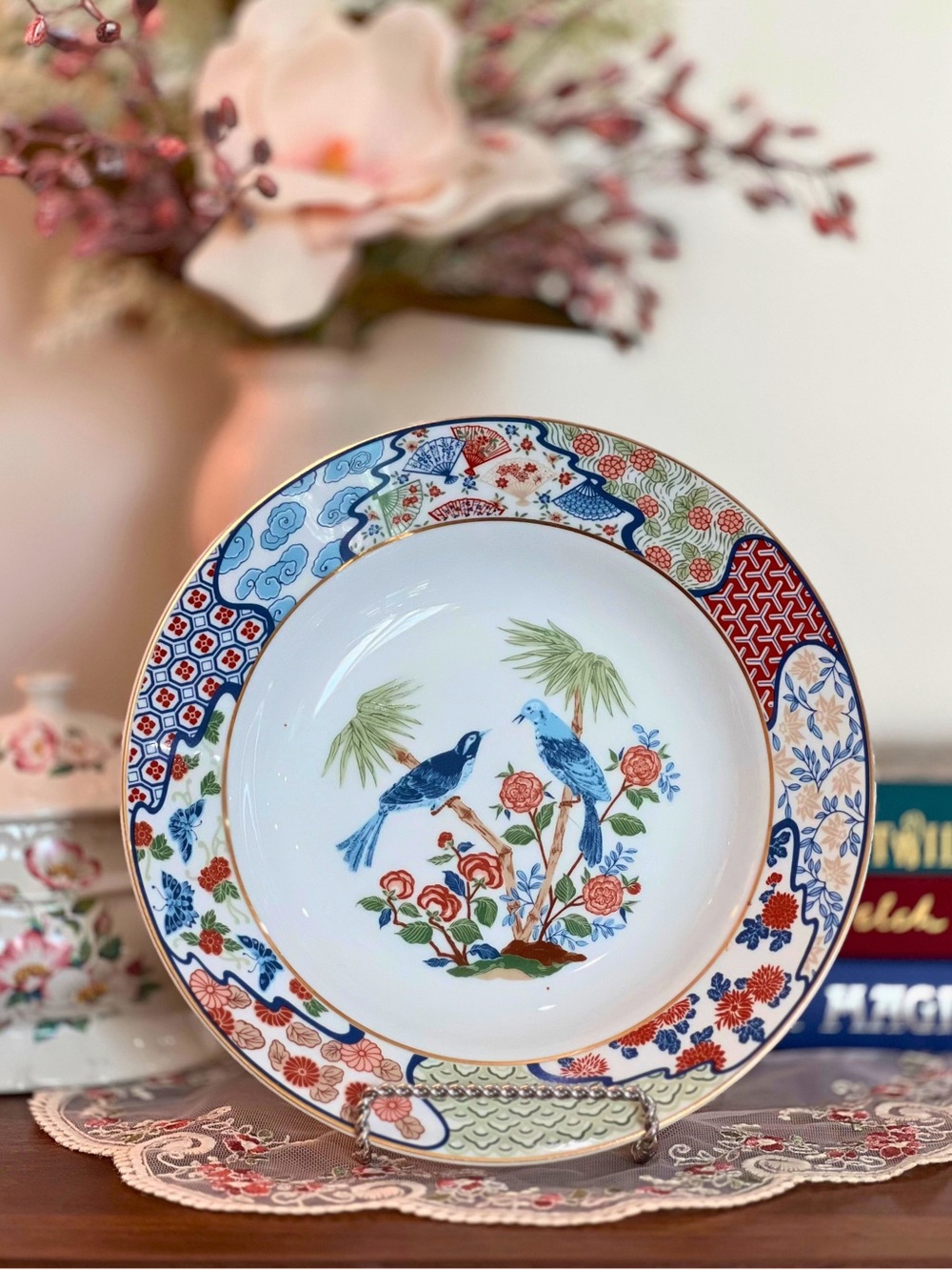 Decorative Porcelain Bird Motif Dinner Plate - Blue & Multicolor